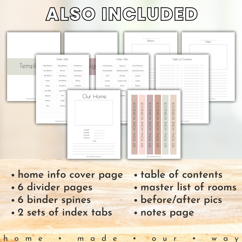 Also included in the Total Home Workbook: home information cover page, 6 binder dividers, index tabs, table of contents, 6 colorful binder spines, and before and after photo templates.