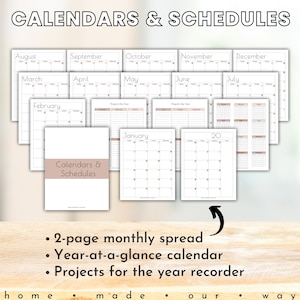 Calendars and Schedules Templates in the Total Home Workbook, a home improvement planner. Includes 2-page monthly spreads, a year-at-a-glance calendar, and monthly projects recorder.