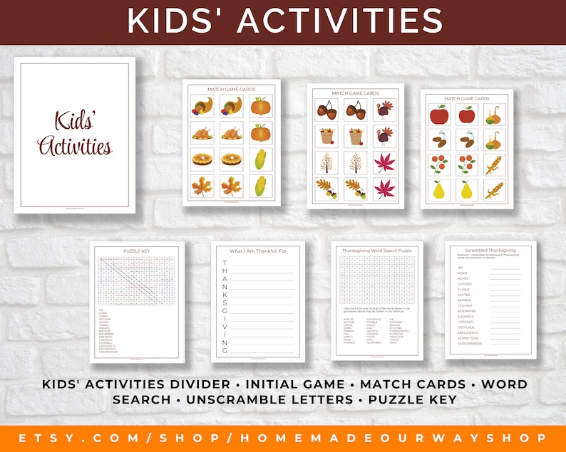 The Thanksgiving Dinner planner also comes with Kids' Activities that include a matching game, word search, word scramble, and more.