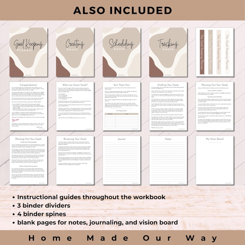 Other pages included in the goal-keeping and goal-setting workbook planner