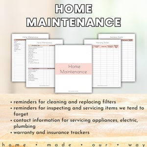 Home Maintenance Templates in the Total Home Workbook, a home improvement planner. Shown are home maintenance tasks recorder, warranty tracker, and insurance tracker.