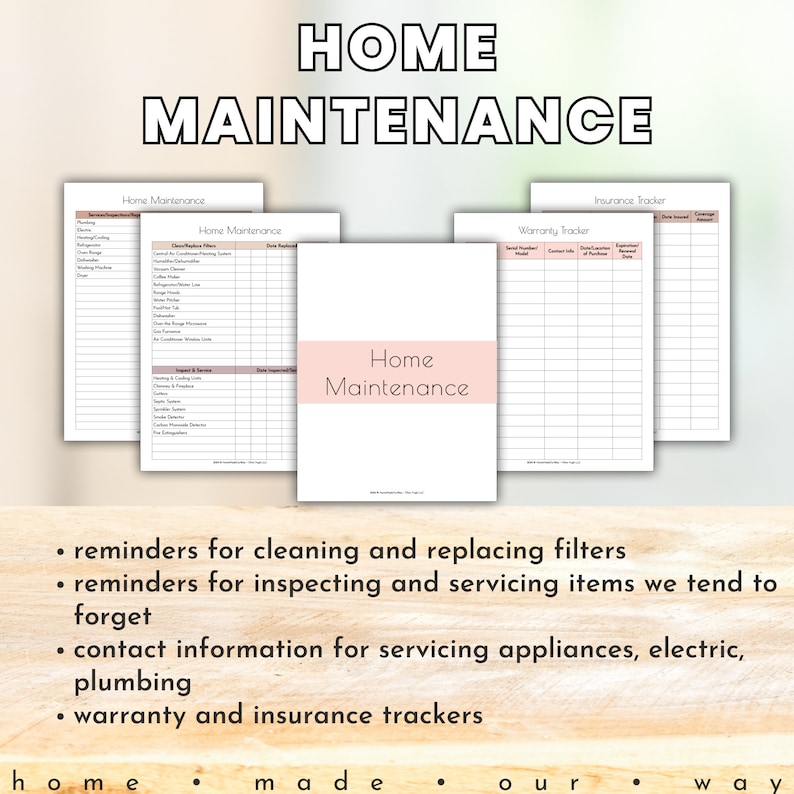 Home Maintenance Templates in the Total Home Workbook, a home improvement planner. Shown are home maintenance tasks recorder, warranty tracker, and insurance tracker.