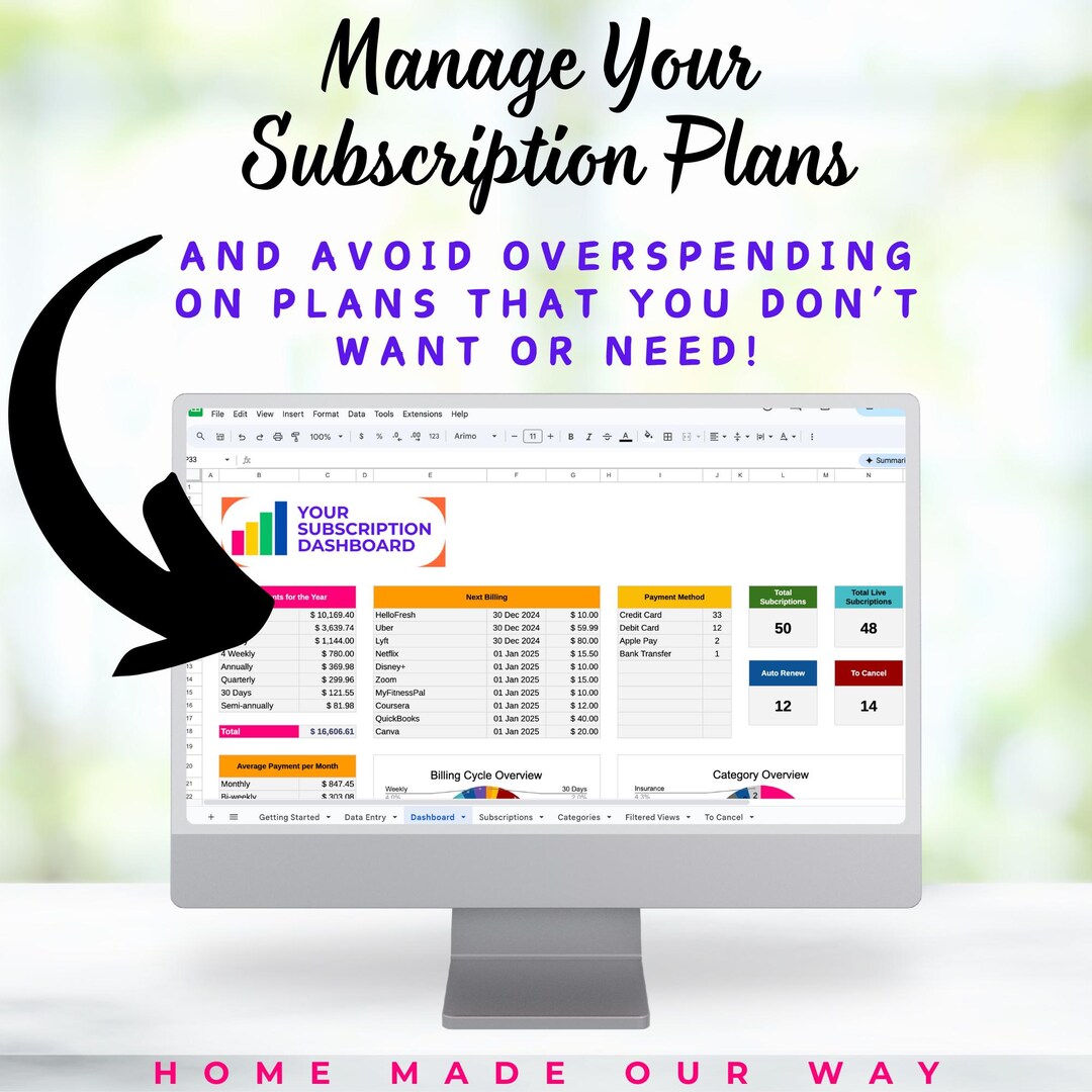 Complete Subscription Management Spreadsheet • Subscription Tracker ...