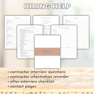Hiring Contractors Templates in the Total Home Workbook, a Home Improvement planner. Includes interview questions, interview recording sheet, and after-interview checklist of items to do before hiring a pro. Also shown are contact pages.
