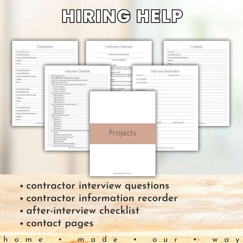 Hiring Contractors Templates in the Total Home Workbook, a Home Improvement planner. Includes interview questions, interview recording sheet, and after-interview checklist of items to do before hiring a pro. Also shown are contact pages.