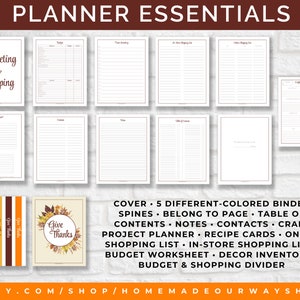 The Thanksgiving planner essentials come with a cover, binder spines, budget worksheet, various shopping lists, craft project planner, recipe card templates, and more.