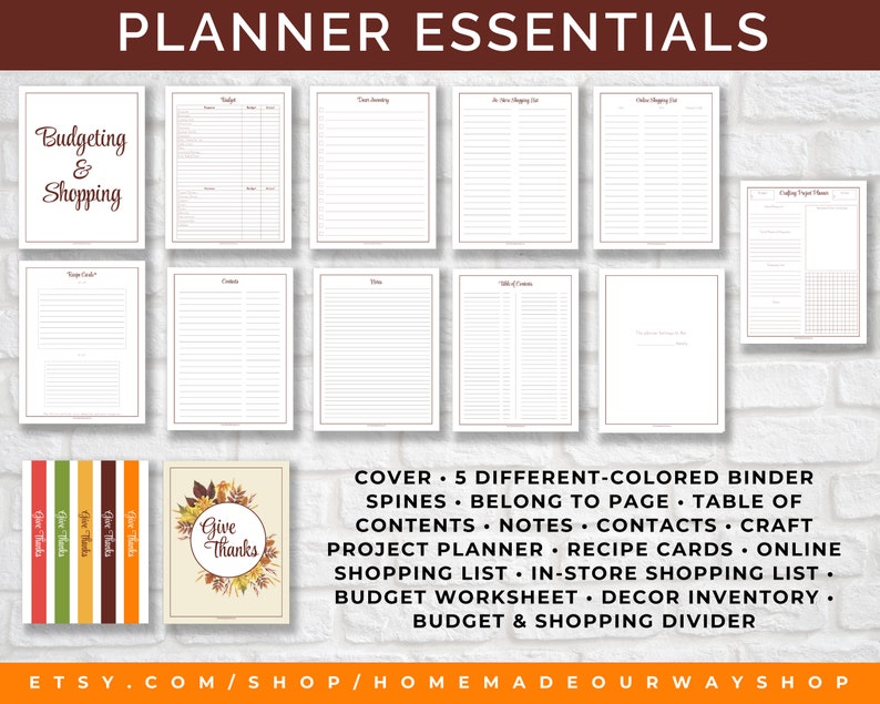 The Thanksgiving planner essentials come with a cover, binder spines, budget worksheet, various shopping lists, craft project planner, recipe card templates, and more.