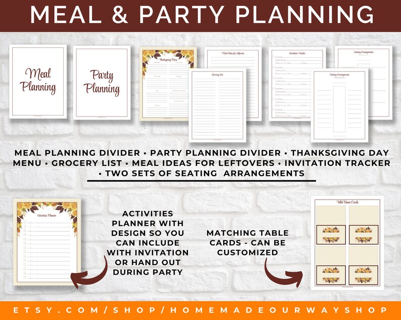 The Thanksgiving Dinner Planner comes with Thanksgiving Day Menu, invitations tracker, seating arrangements worksheets, table place cards template, and more.