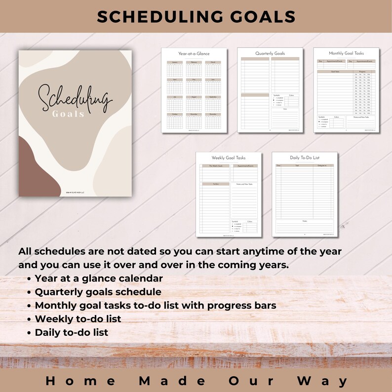 Scheduling and mapping goals with yearly calendar, quarterly calendar, monthly task schedule, weekly to-do list, and daily to-do list