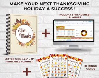 Thanksgiving Holiday Bundle • Printable Planner PDF and Keepsake • Spreadsheet Planner • 30 Picture Bingo Cards • Instant Download
