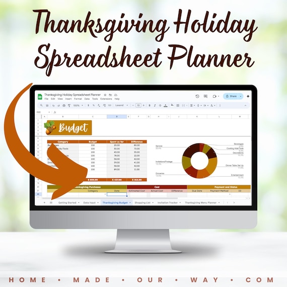 Thanksgiving Holiday Spreadsheet Planner • Includes Budget, Menu Planner, Shopping List, Recipe Trackers, Cleaning Schedule, & More