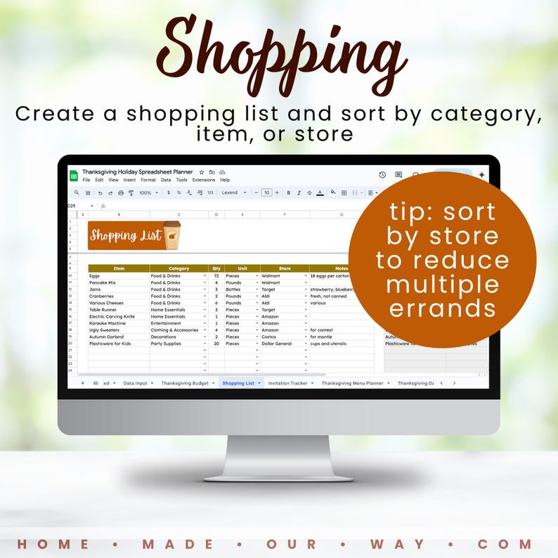 The Thanksgiving Holiday Spreadsheet Planner Shopping List