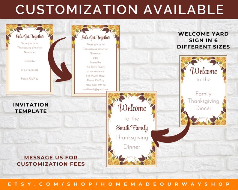 Customization is also available for the Thanksgiving invitations, table place cards, and Welcome yard signs.