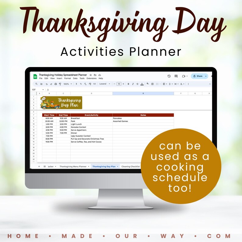 The Thanksgiving Holiday Spreadsheet Activities Planner