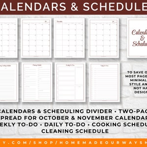 Thanksgiving Planner's Calendars and Schedules. Includes two-page spreads of October and November months, a weekly to-do list template, a daily to-do list template, a cooking schedule, and a cleaning schedule.