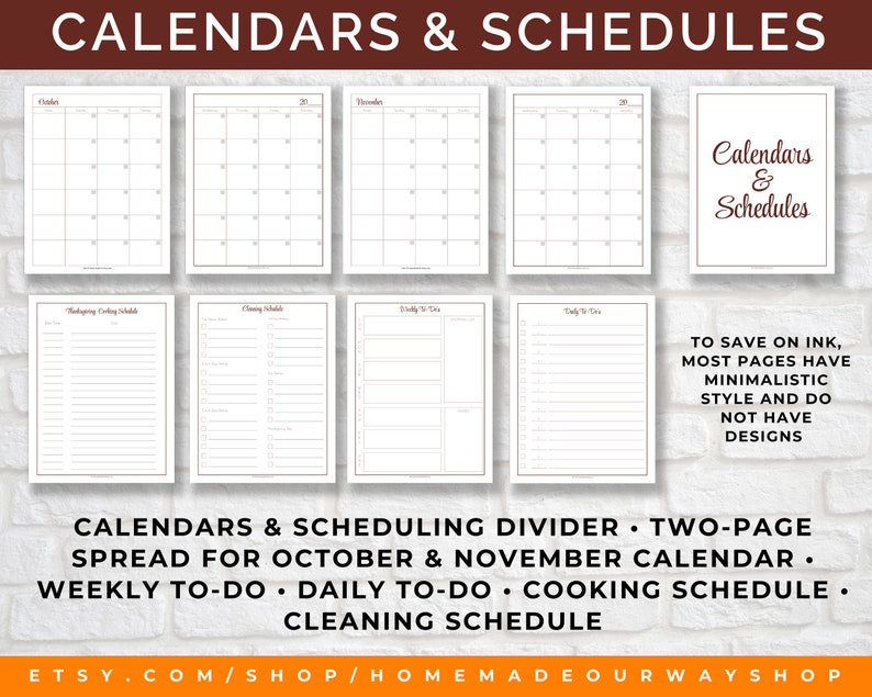 Thanksgiving Planner's Calendars and Schedules. Includes two-page spreads of October and November months, a weekly to-do list template, a daily to-do list template, a cooking schedule, and a cleaning schedule.