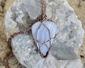 Blue Lace Agate wrapped in aged copper