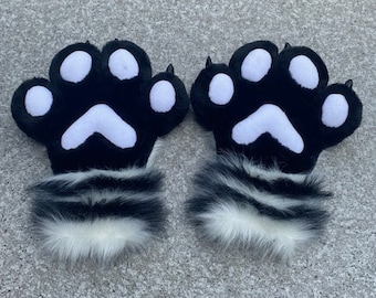 Fur Cat Paws with Claws - Black and White - Cat and Fursuit Paws Gloves