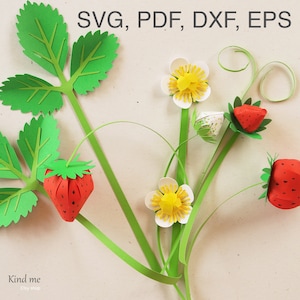 Modello di pianta di fragola per Cricut, svg, pdf, esp, dxf, istruzioni incluse, taglio di carta, 3D, foglie, bacche, fiori