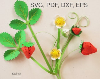 Strawberry plant template for Cricut, svg, pdf, esp, dxf, instructions included, paper cut, 3D, leaves, berries, flowers