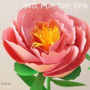 Peony template for Cricut, svg, pdf, esp, dxf, instructions included, paper cut, 3D, leaves, stem, flower