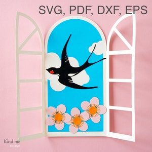 Modèle de carte de fête des mères pour Cricut, carte papier oiseau avalé dans le ciel, svg, pdf, esp, dxf, instructions incluses, papier découpé