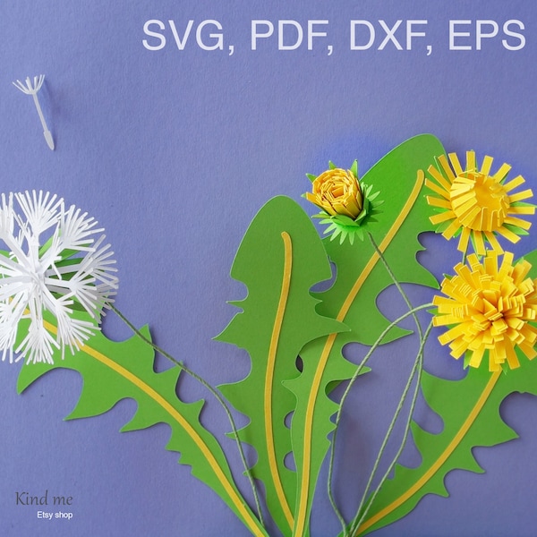 Dandelion flower template for Cricut, svg, pdf, esp, dxf, instructions included, paper cut, 3D, leaves included