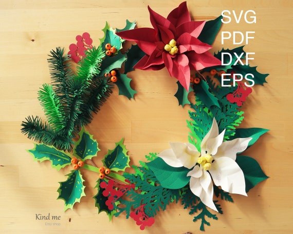 Couronne Noël 3D Papier Fleurs - Guirlande Rond 36cm Déco Porte Intérieur Extérieur Fête