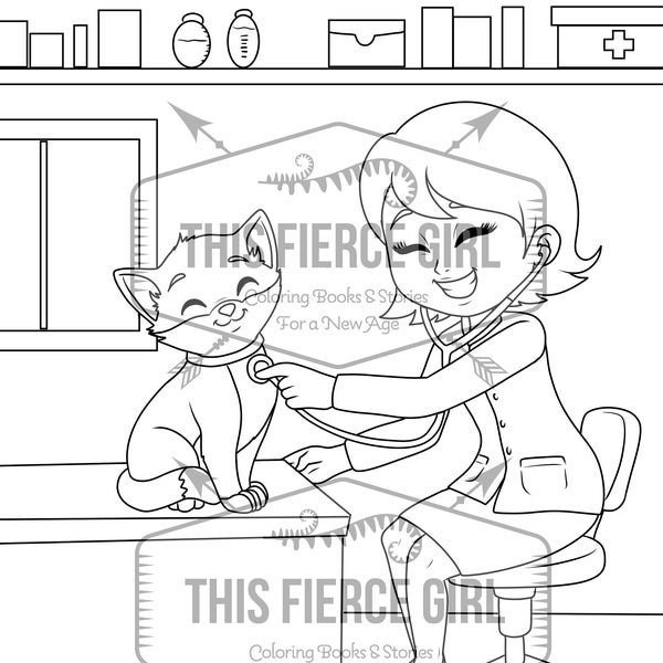 Girl veterinarian digital download coloring page