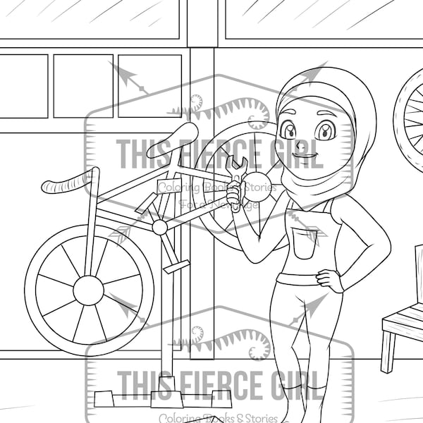 Girl bicycle mechanic digital download coloring page