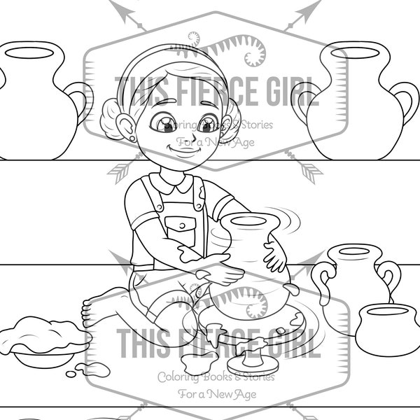 Girl creating pottery digital download coloring page