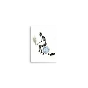 May include: A black and white illustration of a skeleton sitting on a clock, smoking a cigarette. A black cat sits on the floor to the right of the skeleton.