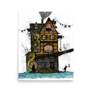 Puede incluir: Ilustración en acuarela de una casa caprichosa con una noria y un puente. Esqueletos pescando y dentro de la casa. Un gato negro atrapa un pez. La casa es marrón, amarilla y verde con un tejado negro.