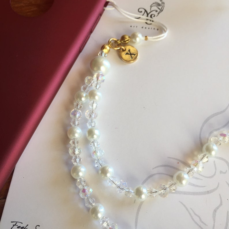 Personalized White Elegant Pearl and Sparkly Clear Diamond Crystal Phone Charm with Gold Initial Name Letter, Glitter Phone Strap gift for women, Cute Phone String gift for bride, Wedding Gift for Selfie girl, Tiktok Influencer gift, OnlyFans gift