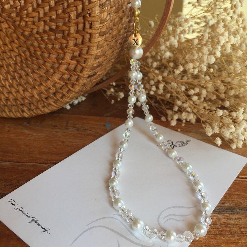 Personalized White Elegant Pearl and Sparkly Clear Diamond Crystal Phone Charm with Gold Initial Name Letter, Glitter Phone Strap gift for women, Cute Phone String gift for bride, Wedding Gift for Selfie girl, Tiktok Influencer gift, OnlyFans gift