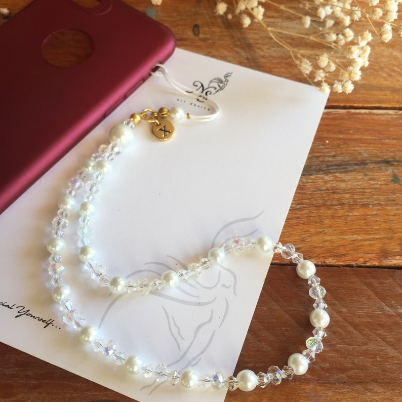 Personalized White Elegant Pearl and Sparkly Clear Diamond Crystal Phone Charm with Gold Initial Name Letter, Glitter Phone Strap gift for women, Cute Phone String gift for bride, Wedding Gift for Selfie girl, Tiktok Influencer gift, OnlyFans gift