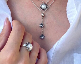 Sterling Silber Halskette mit Zuchtperlen, Floral Design