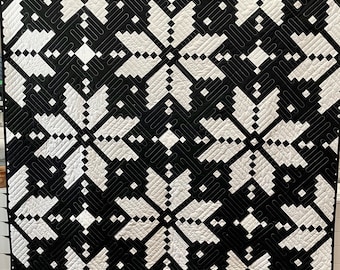 Knitted Star Quilt - Black White - Buffalo Plaid Flannel Back - 60x60 - Throw/Lap