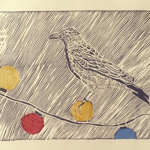 Crow on festive lights linocut print