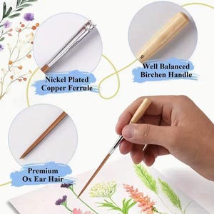 Può includere: Un pennello per acquerello con un manico in betulla ben bilanciato, una ghiera in rame nichelato e peli di orecchio di bue di alta qualità. L'immagine mostra il pennello in uso, che dipinge un disegno floreale su carta. Il testo sull'immagine recita: "Nickel Plated Copper Ferrule", "Well Balanced Birchen Handle" e "Premium Ox Ear Hair".