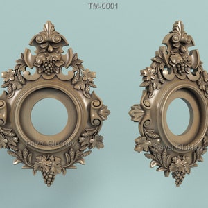Mira TM-0001. Modelo 3D STL para CNC. Marco de reloj con adorno de uva. Encaja perfectamente en el salón.