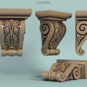May include: Four wooden corbels with intricate leaf and scroll designs. The corbels are in various orientations, showcasing the detailed carvings and architectural elements. The text "Pavel Glukhov" is visible on the corbels.
