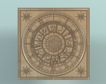 May include: A wooden wall clock with a circular design featuring the zodiac signs and Roman numerals. The clock face has a sun with a flower of life design in the center.