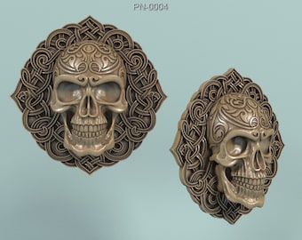 May include: A detailed, three-dimensional skull sculpture with intricate Celtic knotwork surrounding it. The skull is carved with a detailed design on the forehead and has a realistic appearance.