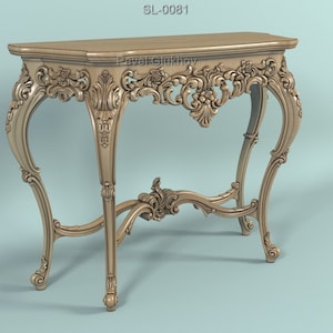 Puede incluir: Una mesa consola de madera tallada con detalles ornamentados y un acabado marrón claro. La mesa tiene una tapa rectangular y tres patas con tallas intrincadas. La mesa está etiquetada como "SL-0081" y "Pavel Glukhov".