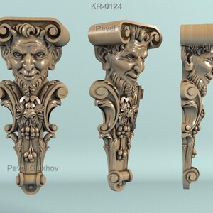 May include: A detailed, intricately carved wooden corbel featuring a whimsical, grotesque face with a beard and a scroll above its head. The corbel is decorated with floral and vine motifs, including grapes and leaves. The corbel is a decorative architectural element often used in interior design.