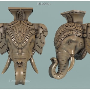 May include: Two detailed, beige-colored elephant head sculptures. The sculptures feature intricate carvings, including floral and geometric patterns. The elephant heads have large tusks and are mounted on a rectangular base. The text "RN-0146" and "Pavel Glukhov" are visible.