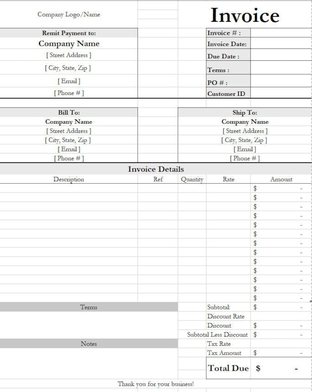 Excel Invoice Template - Etsy