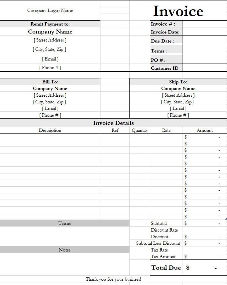 Excel Invoice Template - Etsy