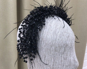 Black Bridal Headband, Black Tiara with Feathers, Black Gothic Headpiece